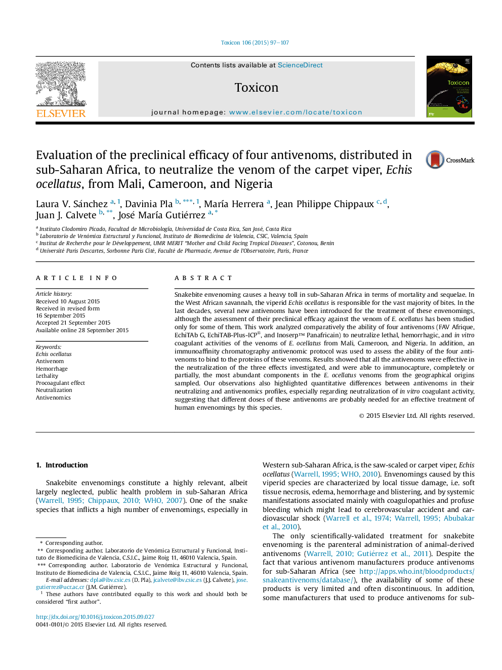 Evaluation of the preclinical efficacy of four antivenoms, distributed in sub-Saharan Africa, to neutralize the venom of the carpet viper, Echis ocellatus, from Mali, Cameroon, and Nigeria