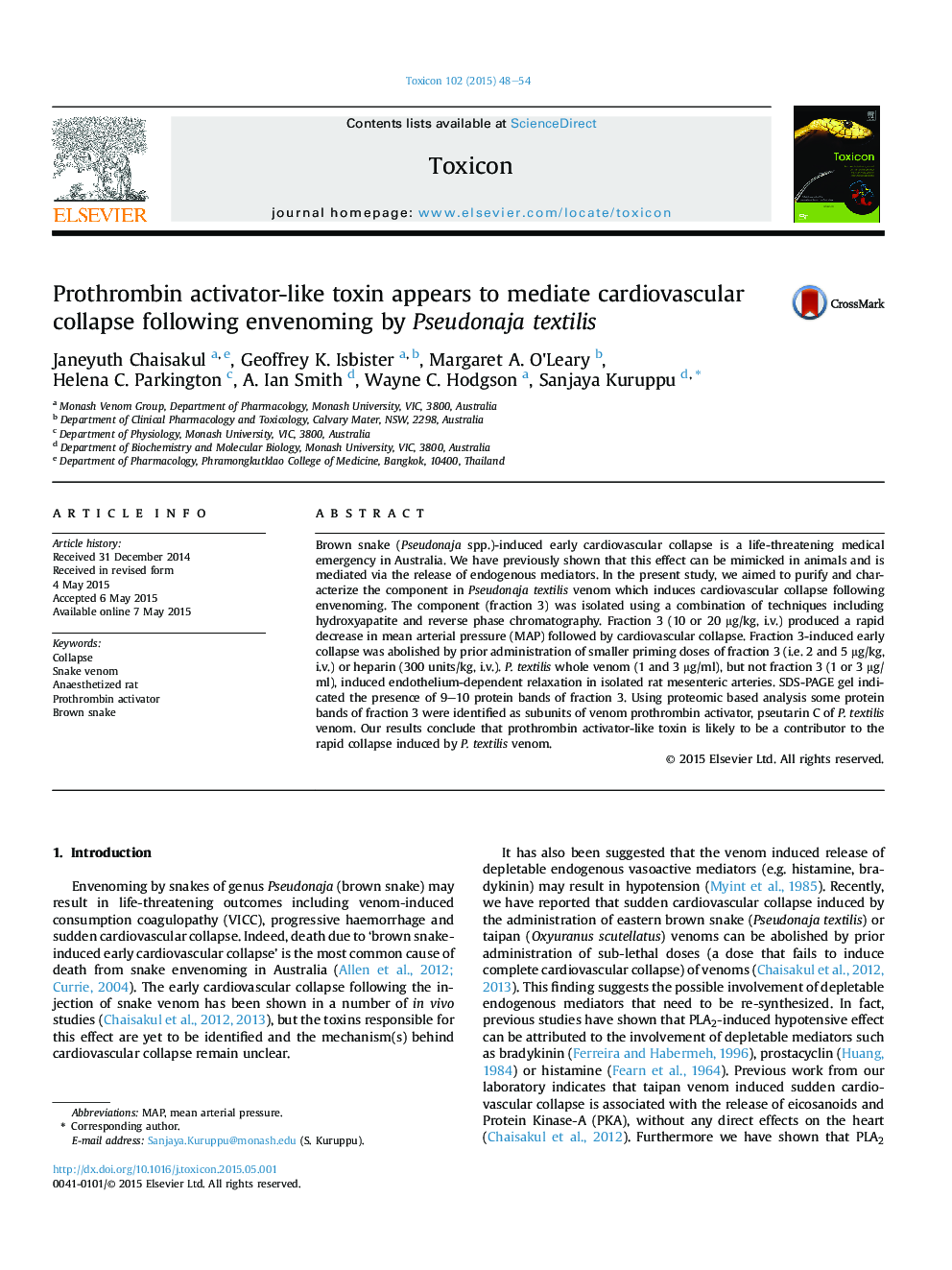 Prothrombin activator-like toxin appears to mediate cardiovascular collapse following envenoming by Pseudonaja textilis