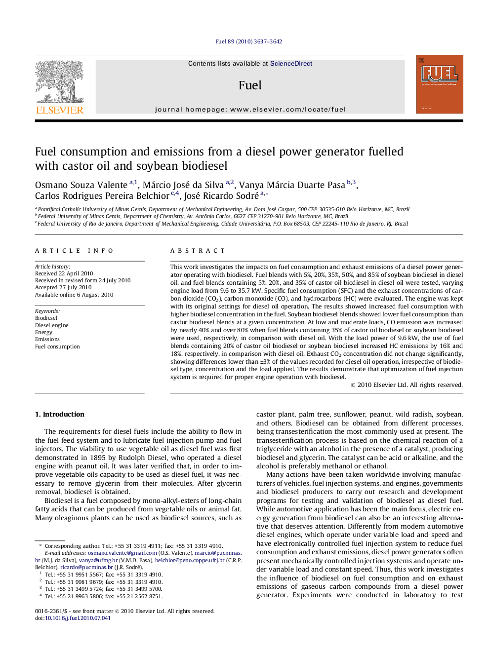 Fuel consumption and emissions from a diesel power generator fuelled with castor oil and soybean biodiesel