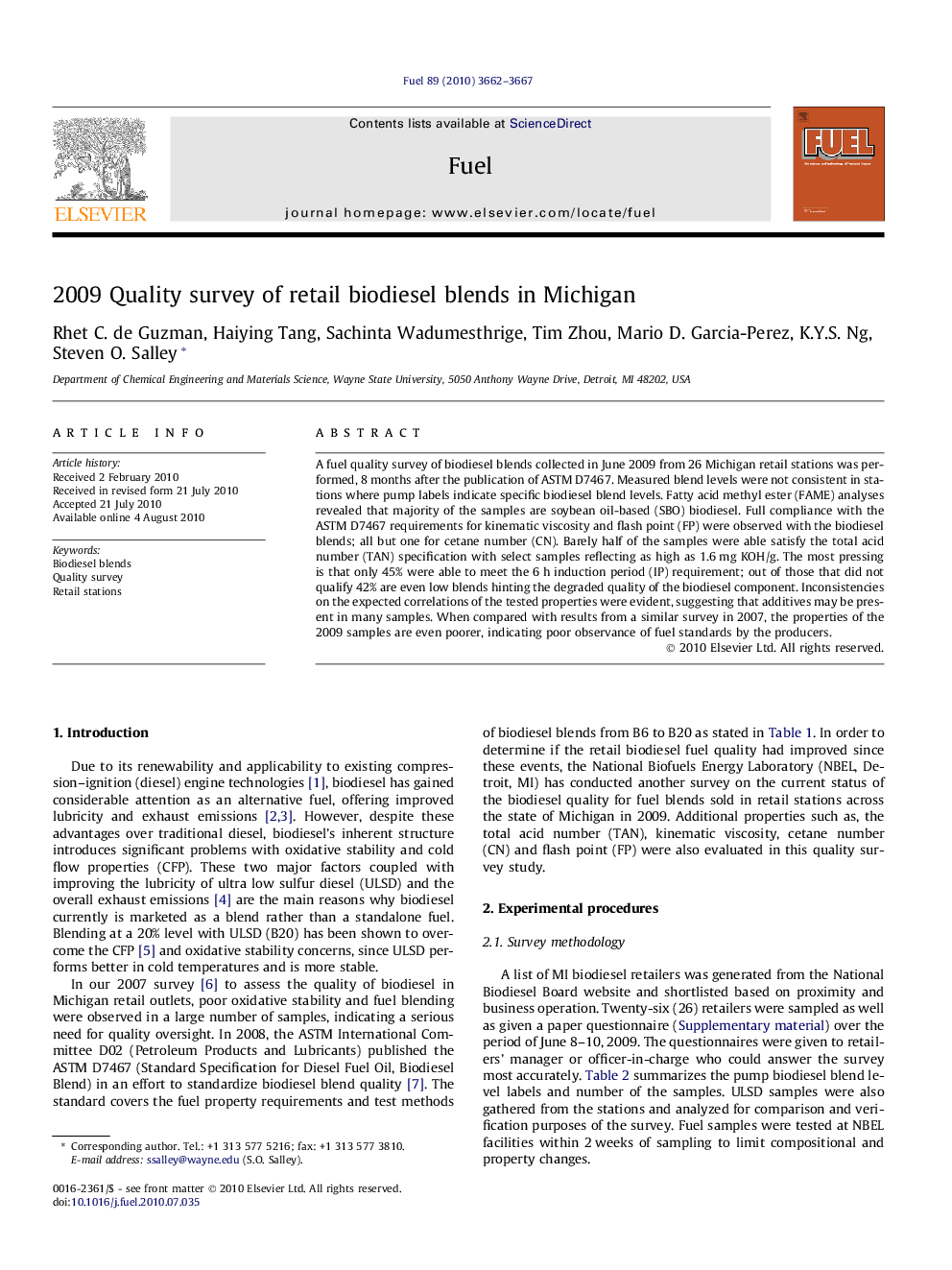 2009 Quality survey of retail biodiesel blends in Michigan