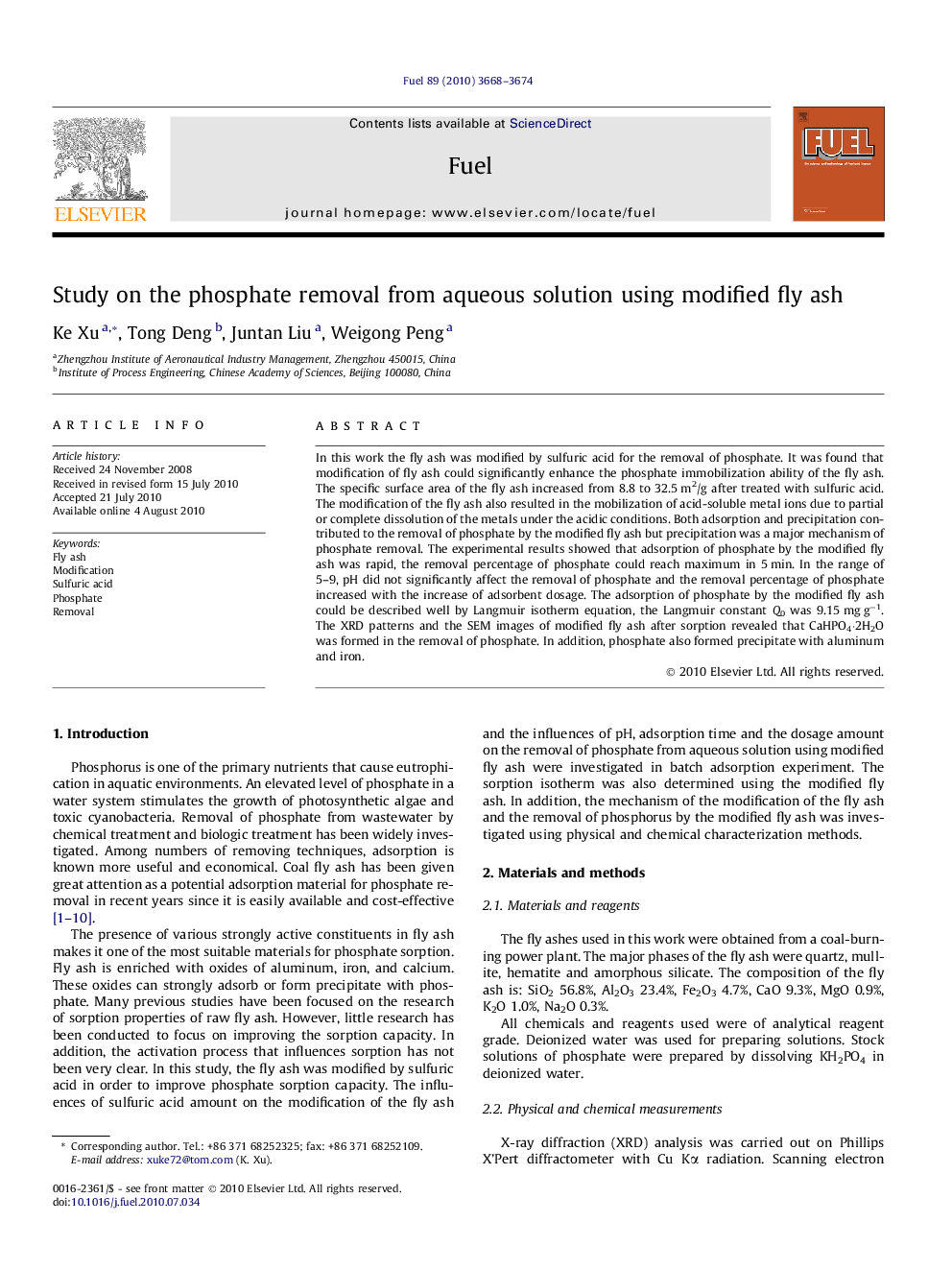 Study on the phosphate removal from aqueous solution using modified fly ash