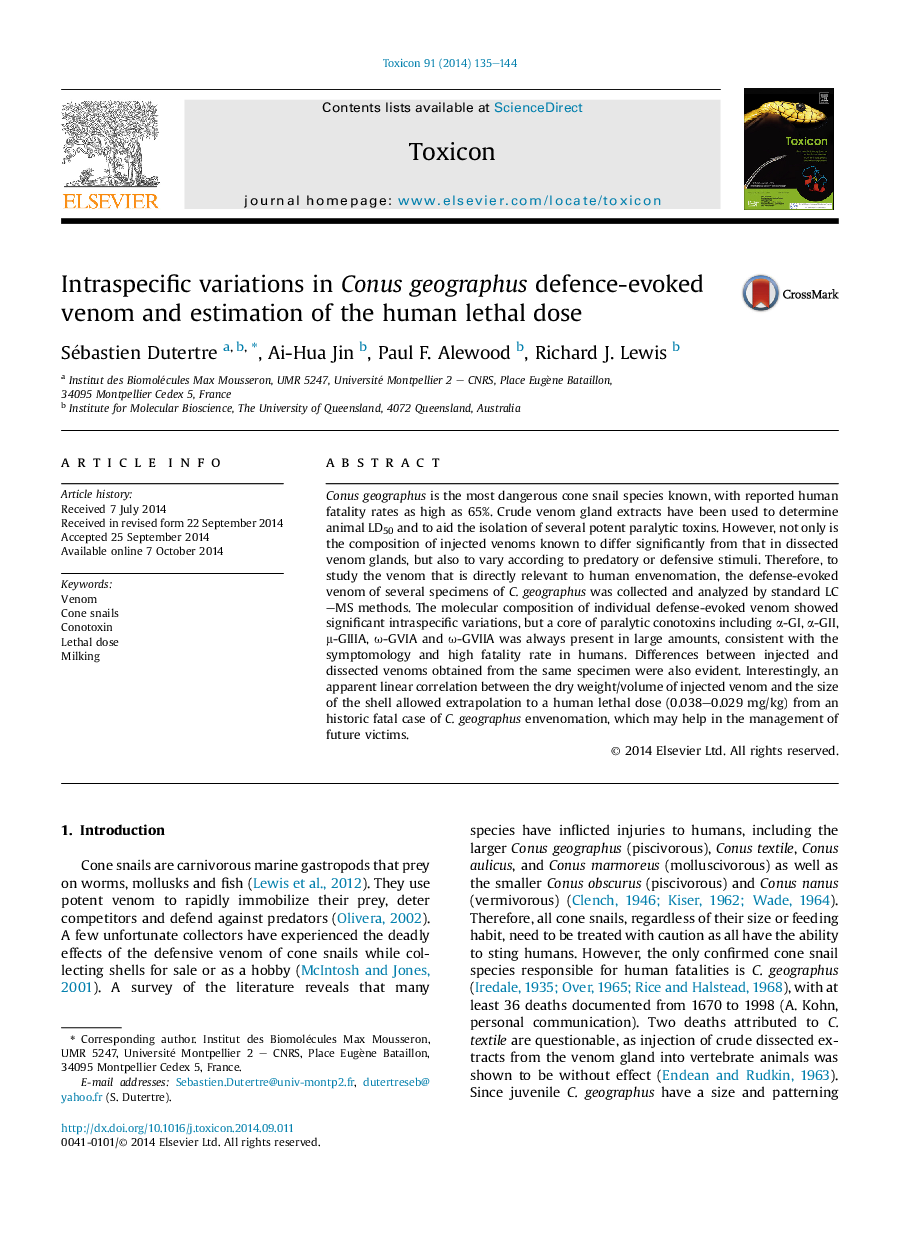 Intraspecific variations in Conus geographus defence-evoked venom and estimation of the human lethal dose