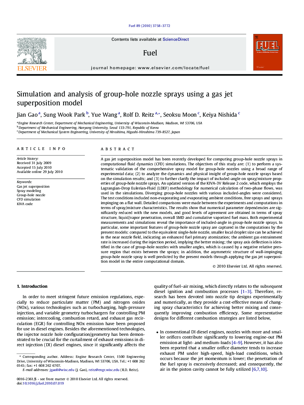 Simulation and analysis of group-hole nozzle sprays using a gas jet superposition model