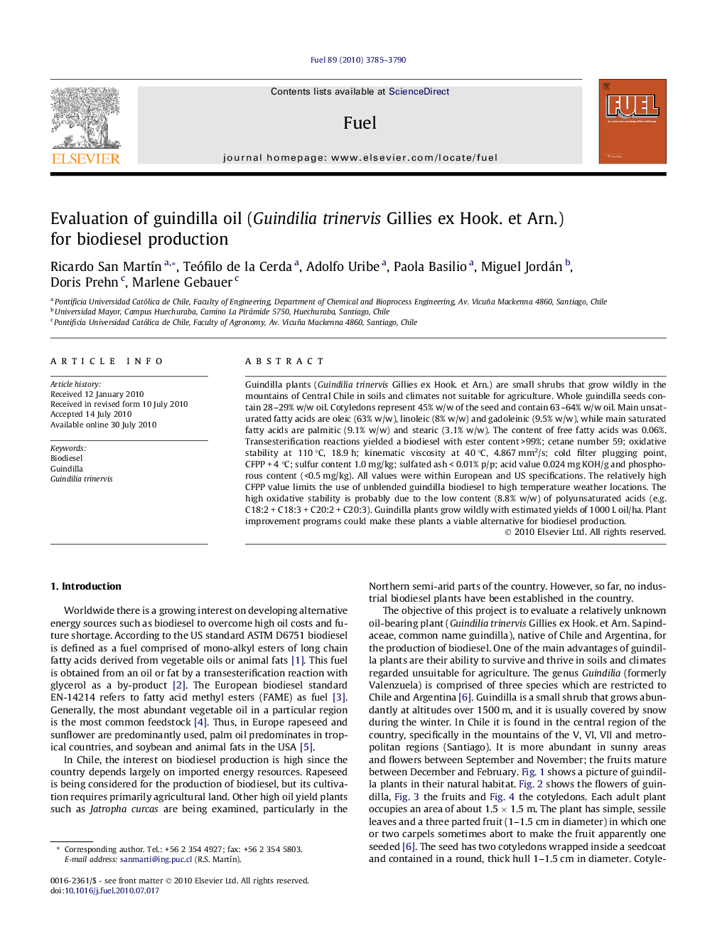 Evaluation of guindilla oil (Guindilia trinervis Gillies ex Hook. et Arn.) for biodiesel production