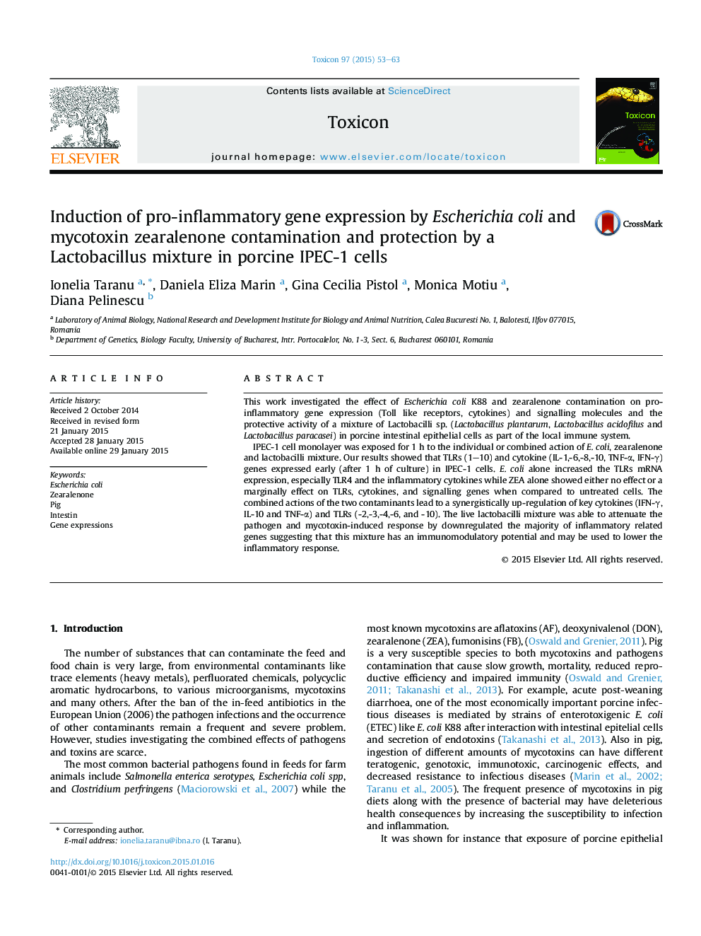 Induction of pro-inflammatory gene expression by Escherichia coli and mycotoxin zearalenone contamination and protection by a Lactobacillus mixture in porcine IPEC-1 cells