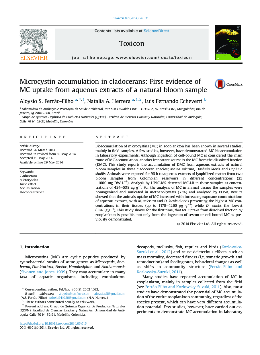 Microcystin accumulation in cladocerans: First evidence of MC uptake from aqueous extracts of a natural bloom sample