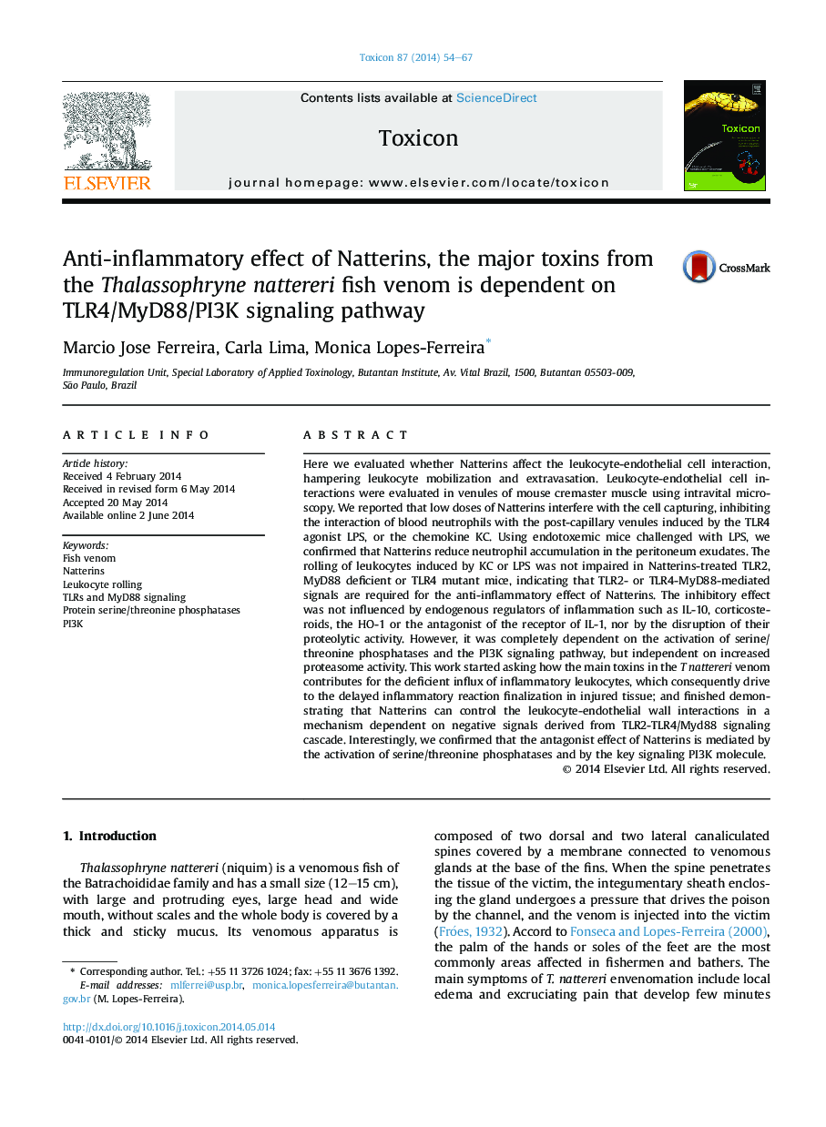 Anti-inflammatory effect of Natterins, the major toxins from the Thalassophryne nattereri fish venom is dependent on TLR4/MyD88/PI3K signaling pathway