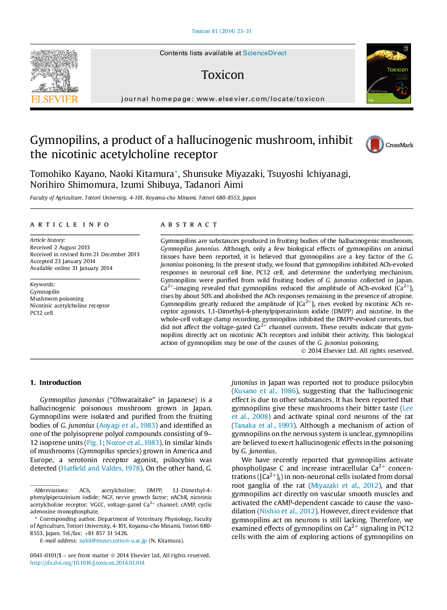 Gymnopilins, a product of a hallucinogenic mushroom, inhibit the nicotinic acetylcholine receptor