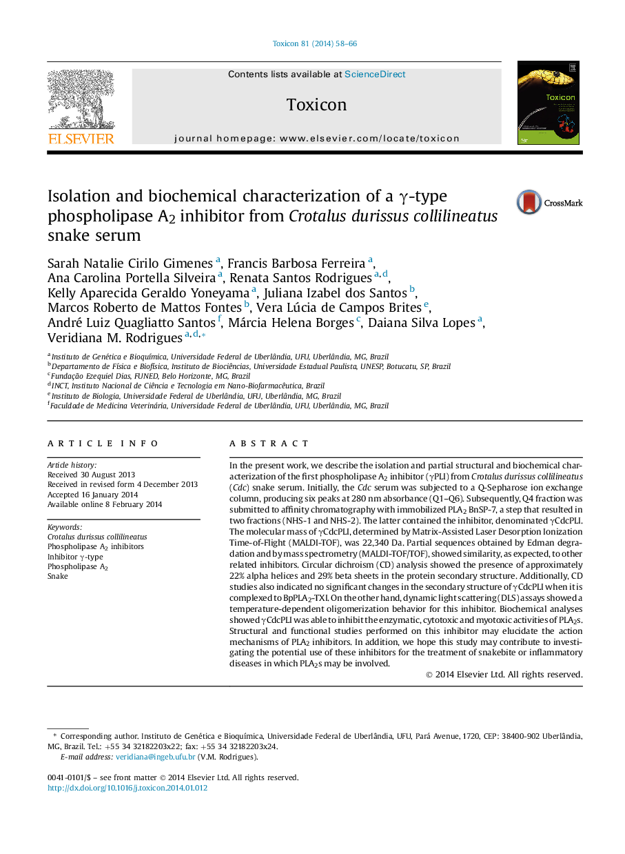 Isolation and biochemical characterization of a γ-type phospholipase A2 inhibitor from Crotalus durissus collilineatus snake serum