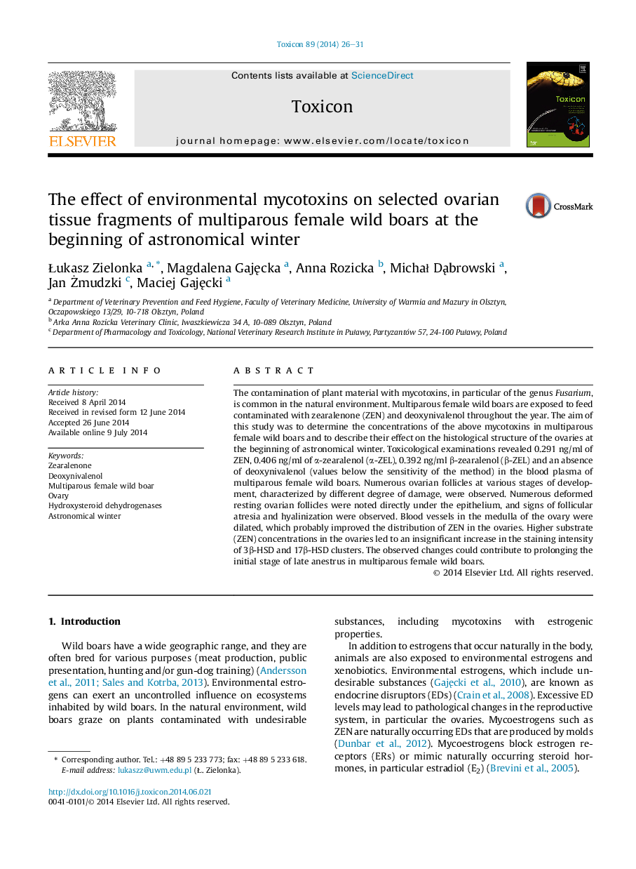 The effect of environmental mycotoxins on selected ovarian tissue fragments of multiparous female wild boars at the beginning of astronomical winter