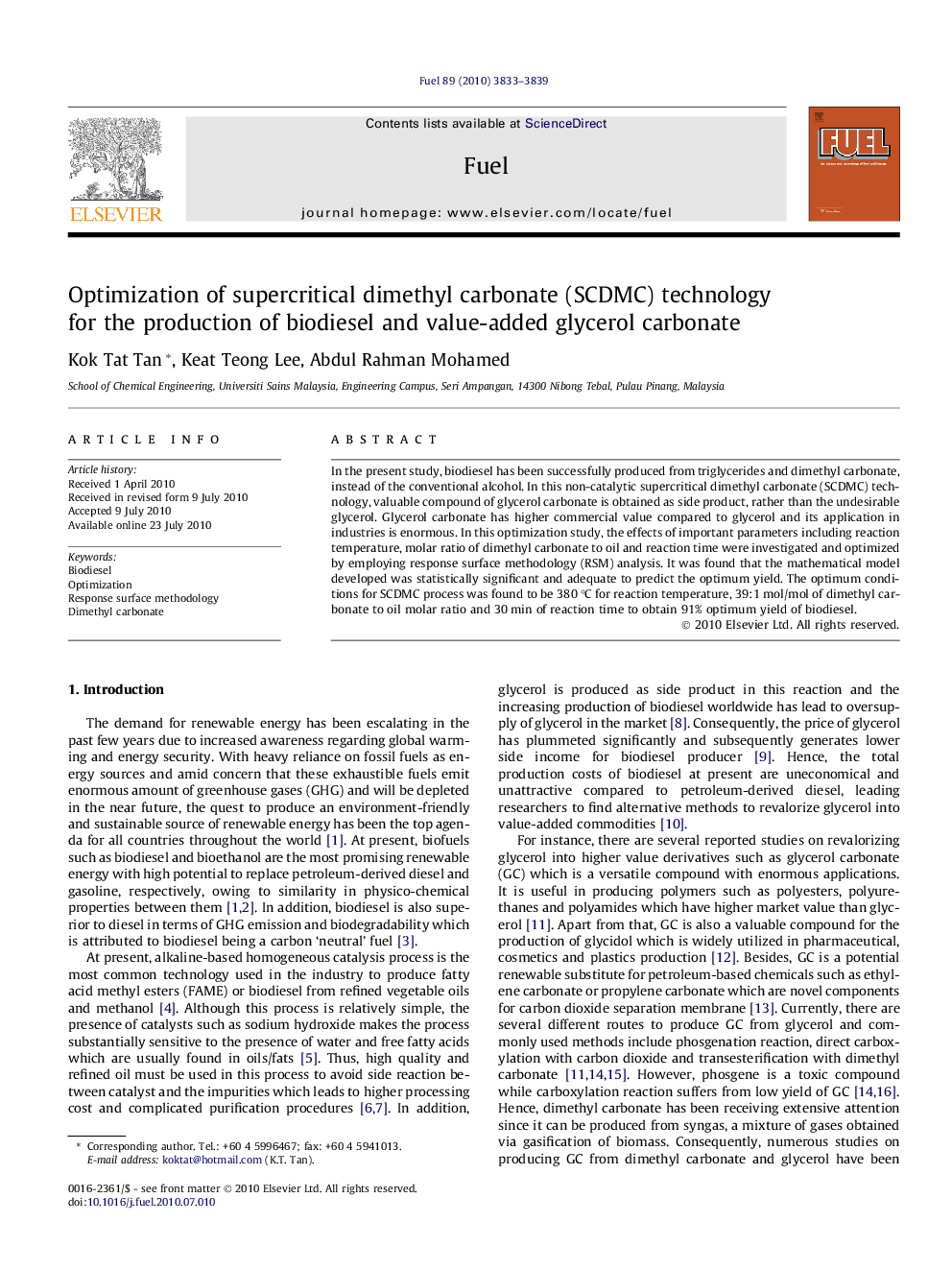 Optimization of supercritical dimethyl carbonate (SCDMC) technology for the production of biodiesel and value-added glycerol carbonate