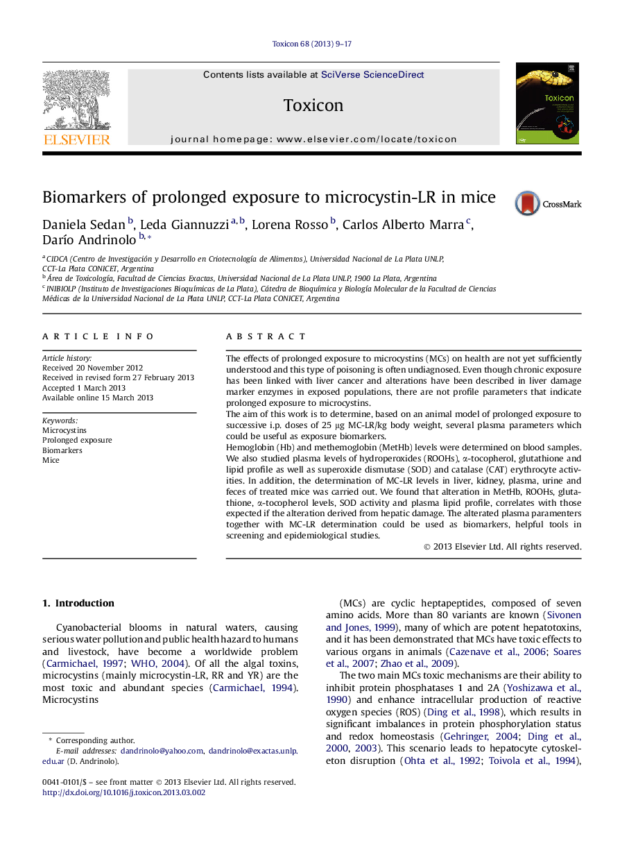 Biomarkers of prolonged exposure to microcystin-LR in mice