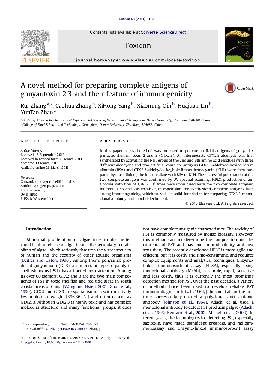 A novel method for preparing complete antigens of gonyautoxin 2,3 and their feature of immunogenicity