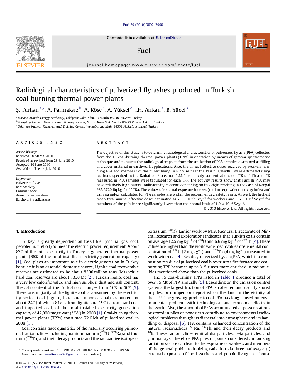 Radiological characteristics of pulverized fly ashes produced in Turkish coal-burning thermal power plants