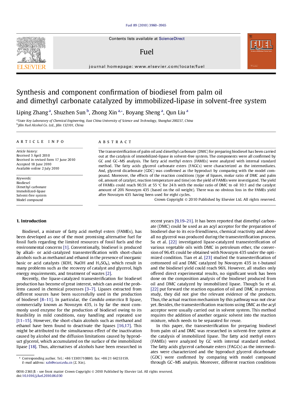 Synthesis and component confirmation of biodiesel from palm oil and dimethyl carbonate catalyzed by immobilized-lipase in solvent-free system