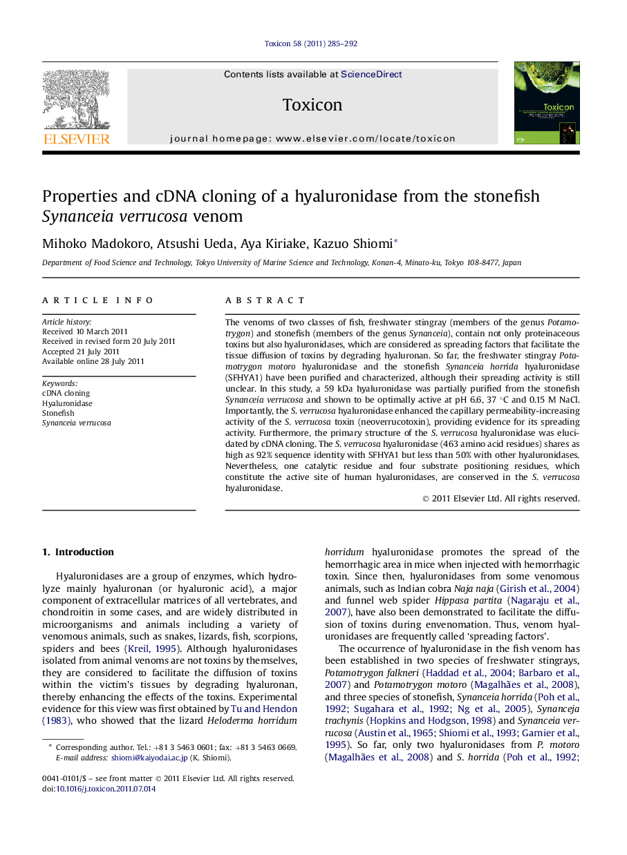 Properties and cDNA cloning of a hyaluronidase from the stonefish Synanceia verrucosa venom