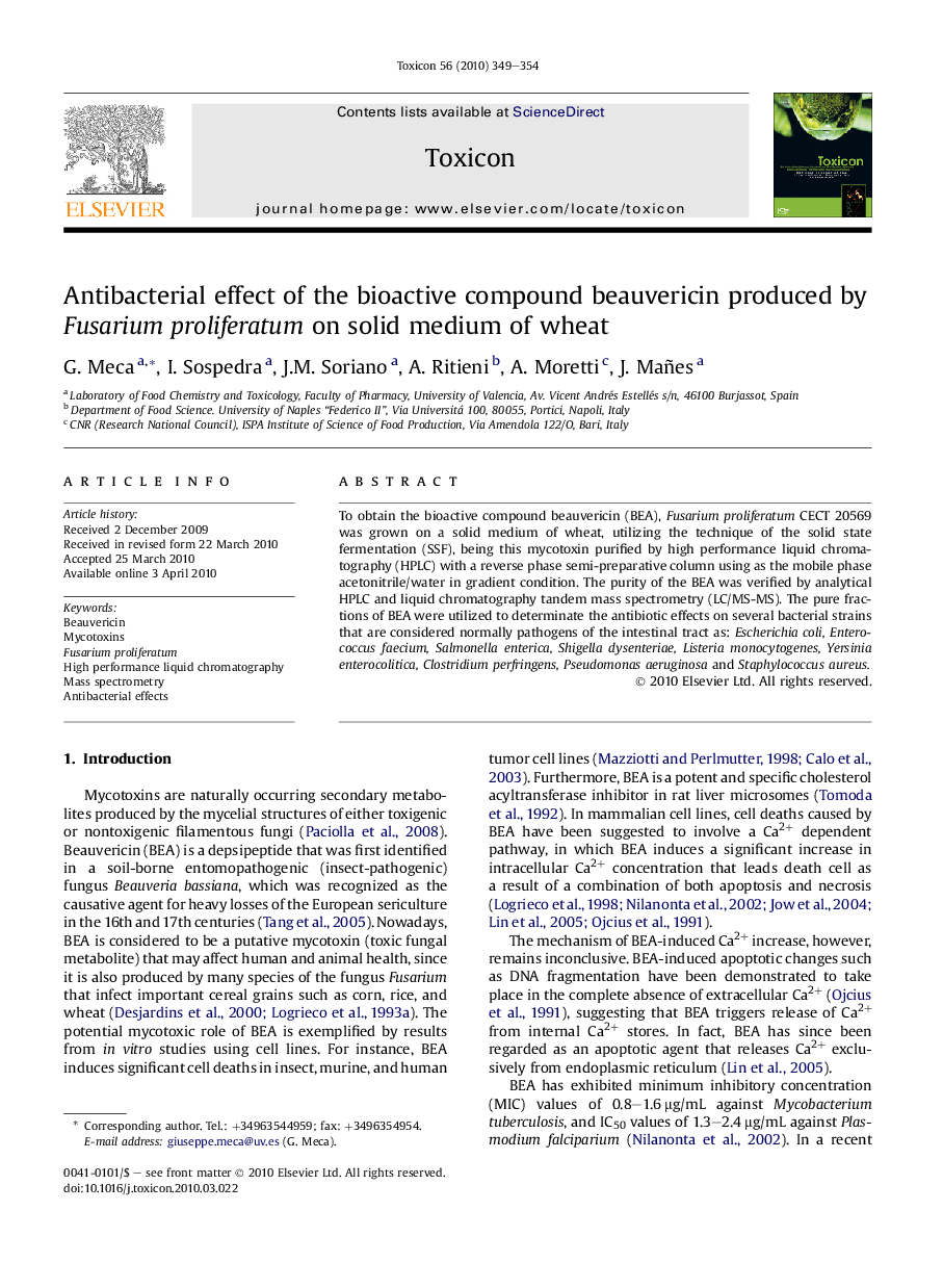 Antibacterial effect of the bioactive compound beauvericin produced by Fusarium proliferatum on solid medium of wheat