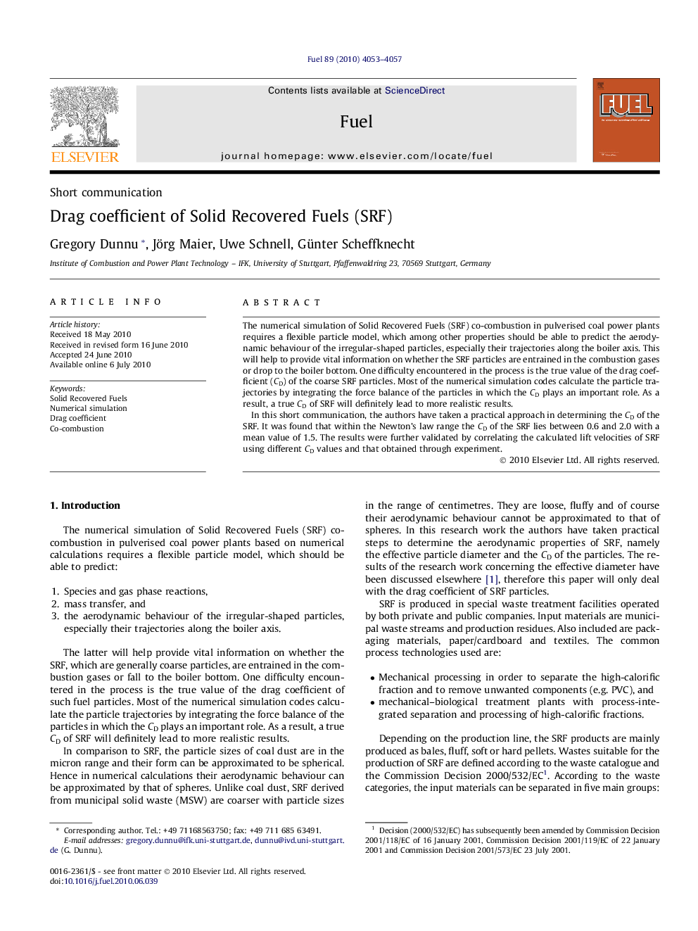 Drag coefficient of Solid Recovered Fuels (SRF)