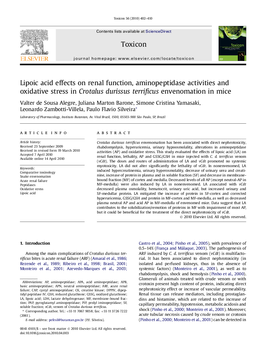 Lipoic acid effects on renal function, aminopeptidase activities and oxidative stress in Crotalus durissus terrificus envenomation in mice