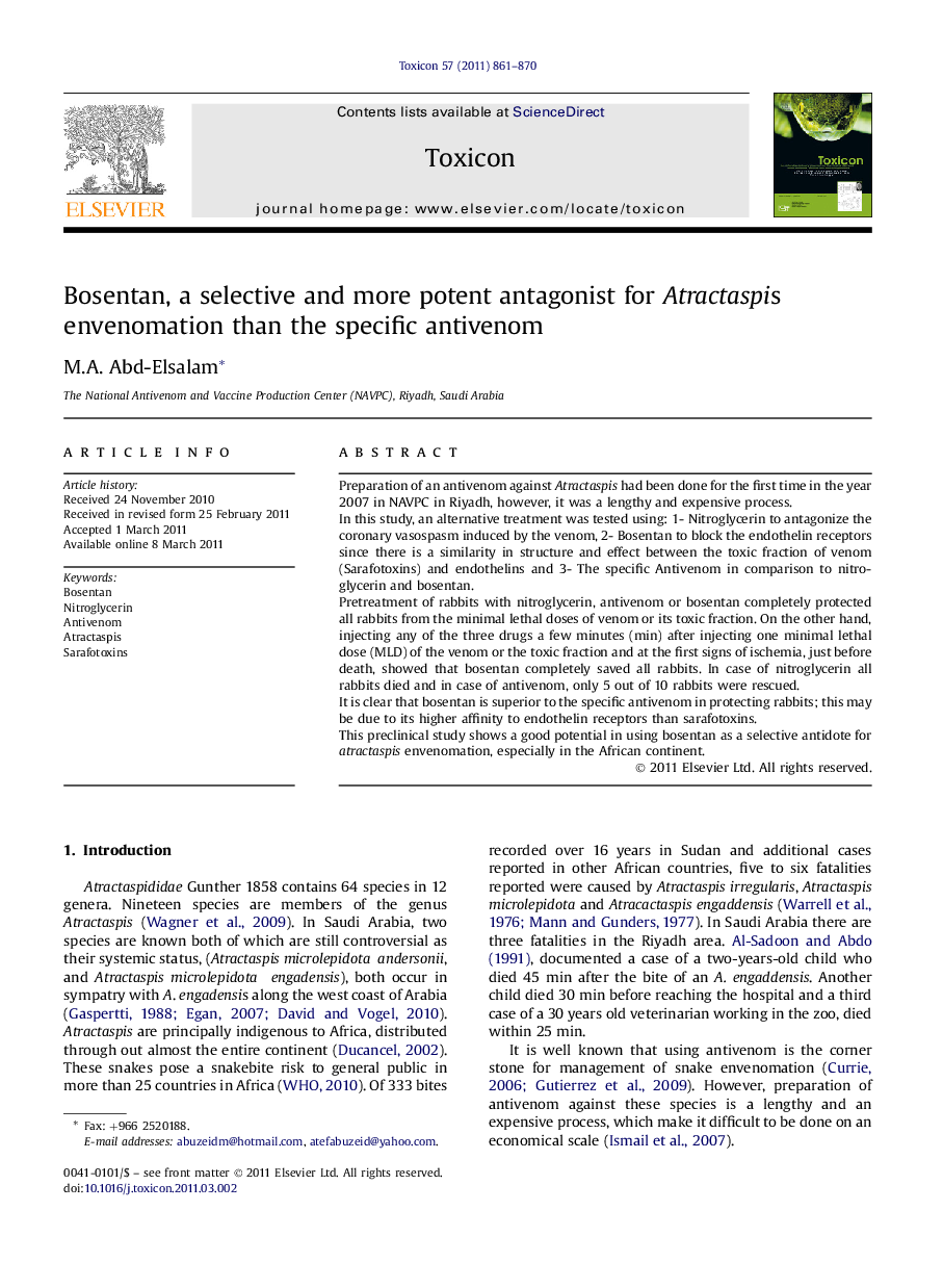 Bosentan, a selective and more potent antagonist for Atractaspis envenomation than the specific antivenom