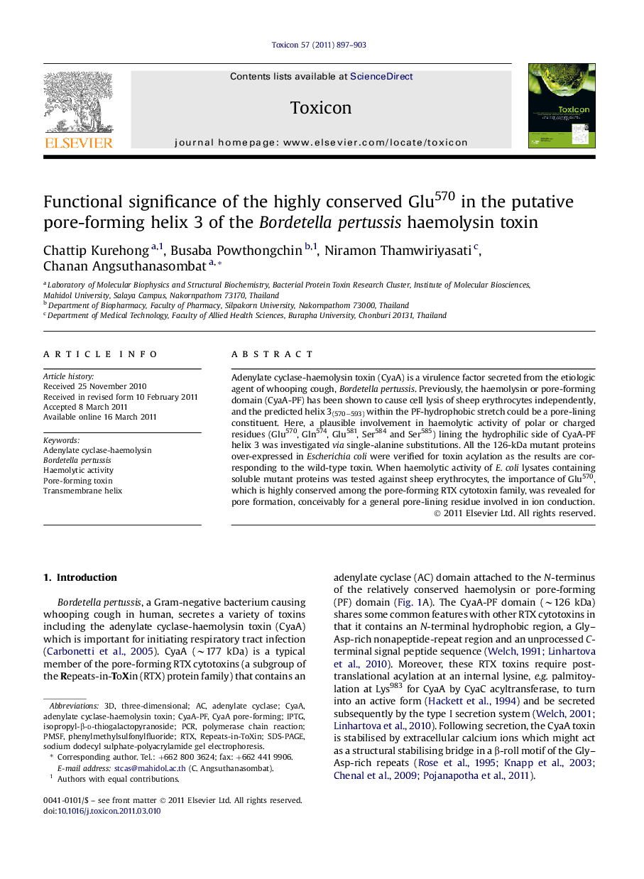 Functional significance of the highly conserved Glu570 in the putative pore-forming helix 3 of the Bordetella pertussis haemolysin toxin