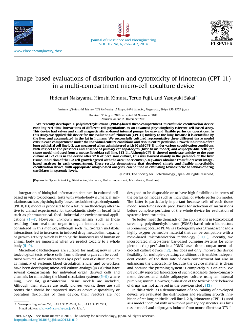 Image-based evaluations of distribution and cytotoxicity of Irinotecan (CPT-11) in a multi-compartment micro-cell coculture device