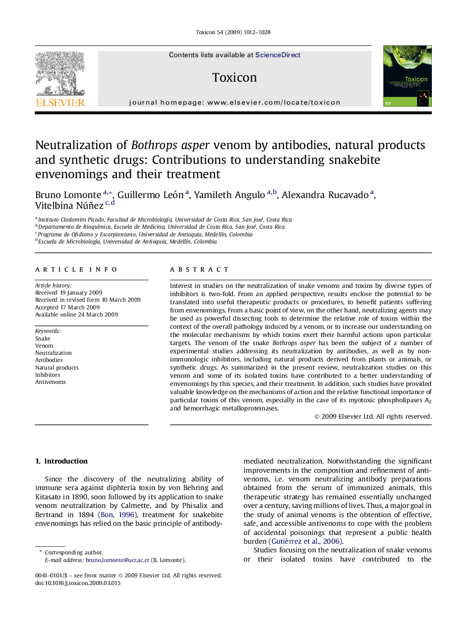 Neutralization of Bothrops asper venom by antibodies, natural products and synthetic drugs: Contributions to understanding snakebite envenomings and their treatment