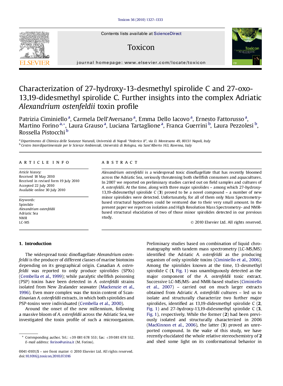 Characterization of 27-hydroxy-13-desmethyl spirolide C and 27-oxo-13,19-didesmethyl spirolide C. Further insights into the complex Adriatic Alexandrium ostenfeldii toxin profile