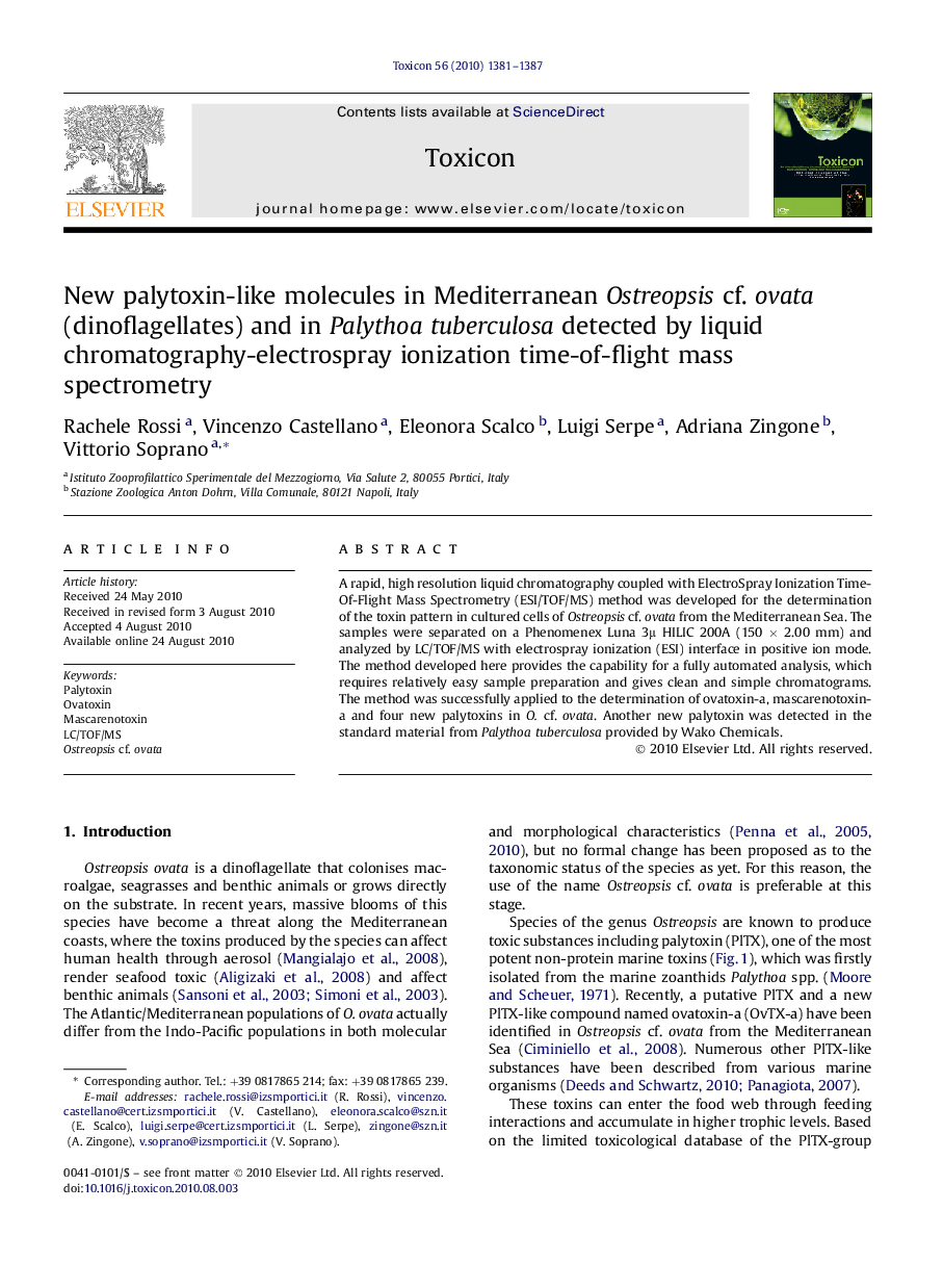 New palytoxin-like molecules in Mediterranean Ostreopsis cf. ovata (dinoflagellates) and in Palythoa tuberculosa detected by liquid chromatography-electrospray ionization time-of-flight mass spectrometry