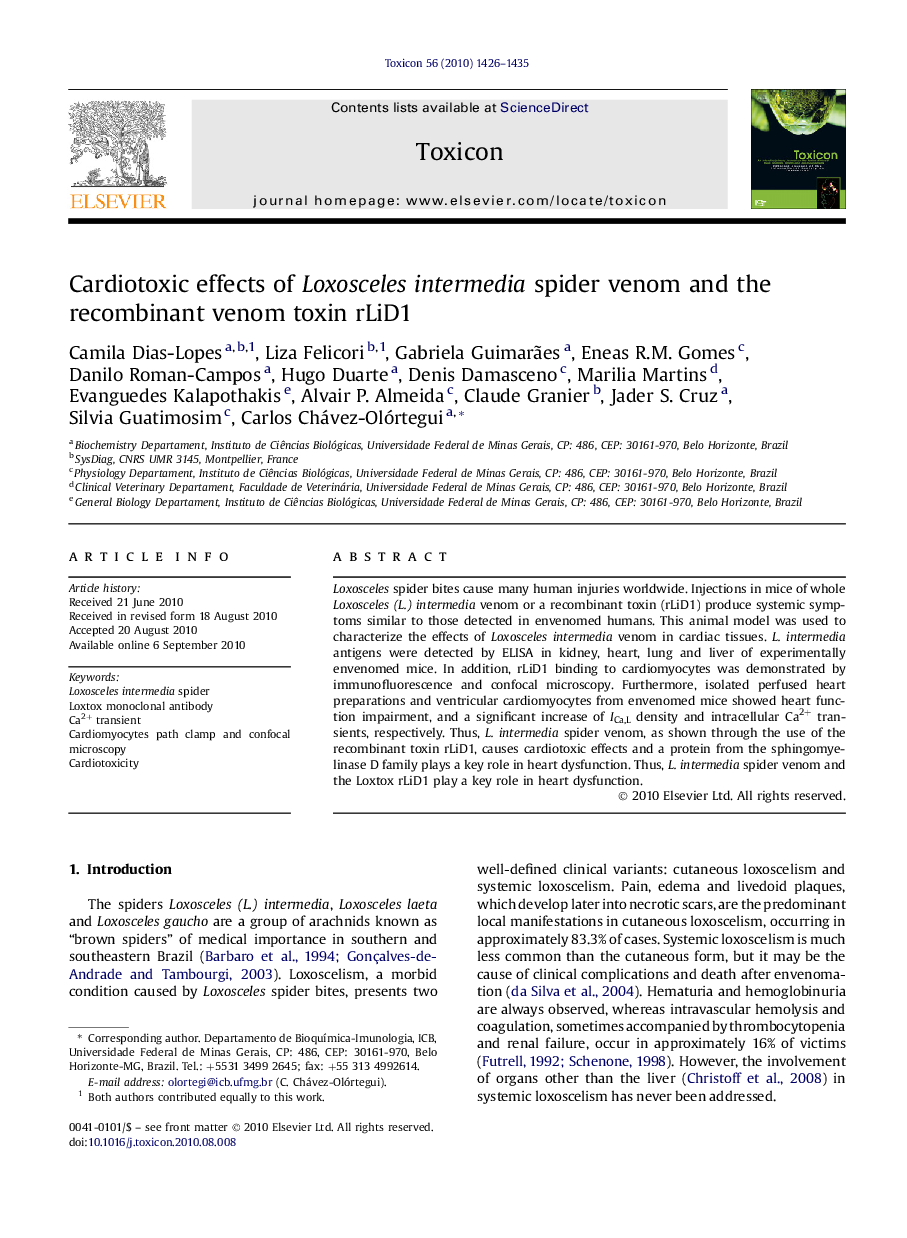 Cardiotoxic effects of Loxosceles intermedia spider venom and the recombinant venom toxin rLiD1