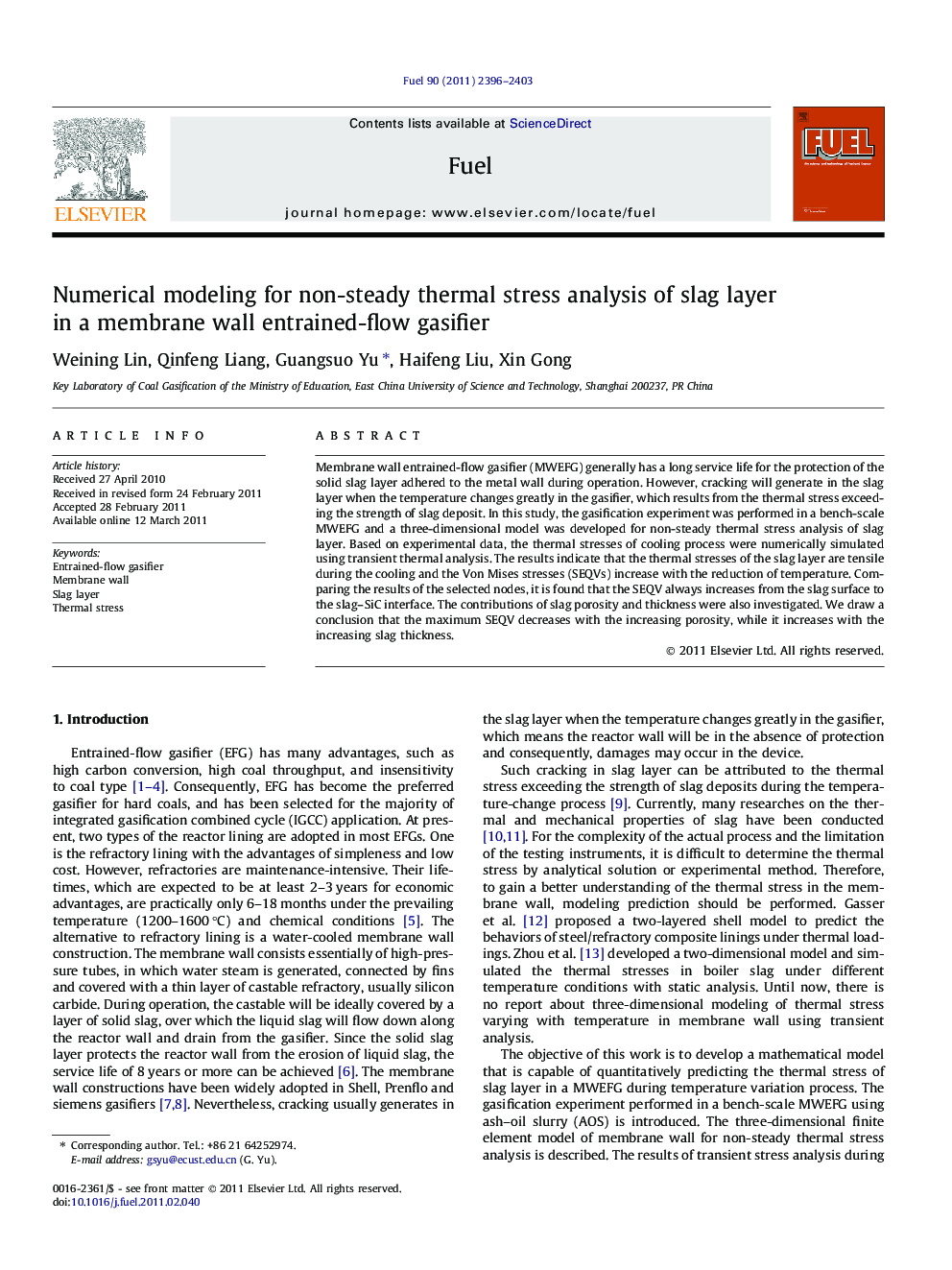 Numerical modeling for non-steady thermal stress analysis of slag layer in a membrane wall entrained-flow gasifier