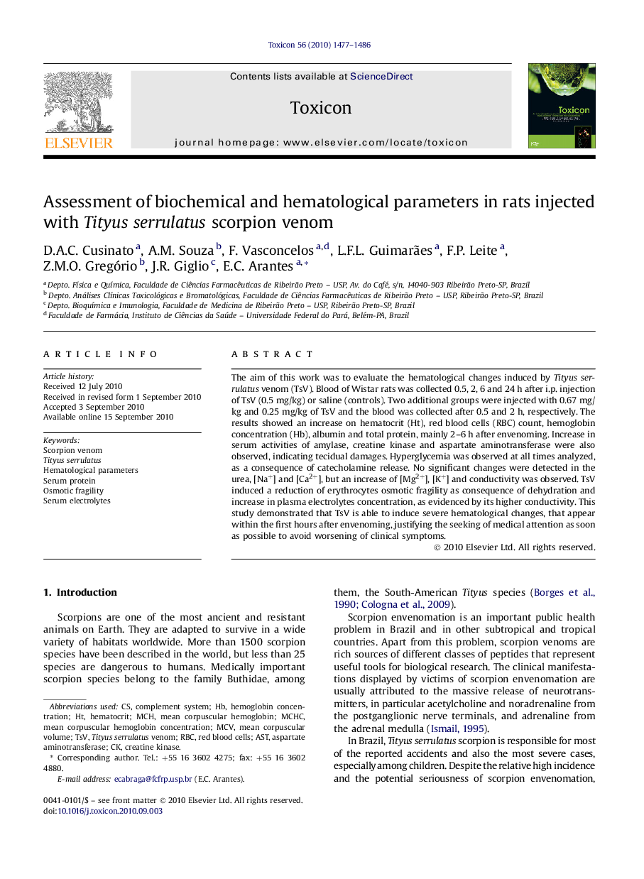 Assessment of biochemical and hematological parameters in rats injected with Tityus serrulatus scorpion venom