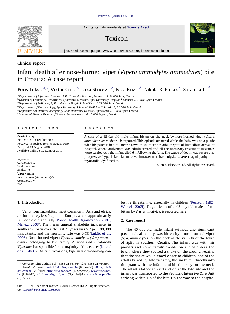 Infant death after nose-horned viper (Vipera ammodytes ammodytes) bite in Croatia: A case report