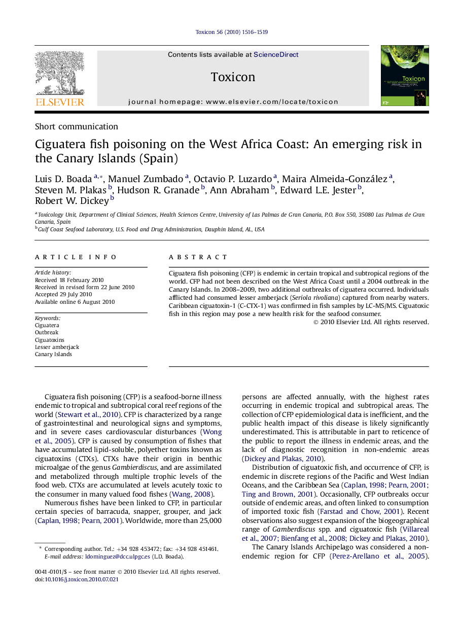 Ciguatera fish poisoning on the West Africa Coast: An emerging risk in the Canary Islands (Spain)