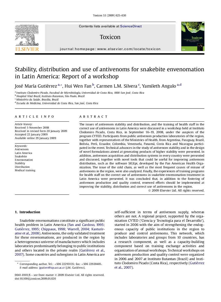 Stability, distribution and use of antivenoms for snakebite envenomation in Latin America: Report of a workshop