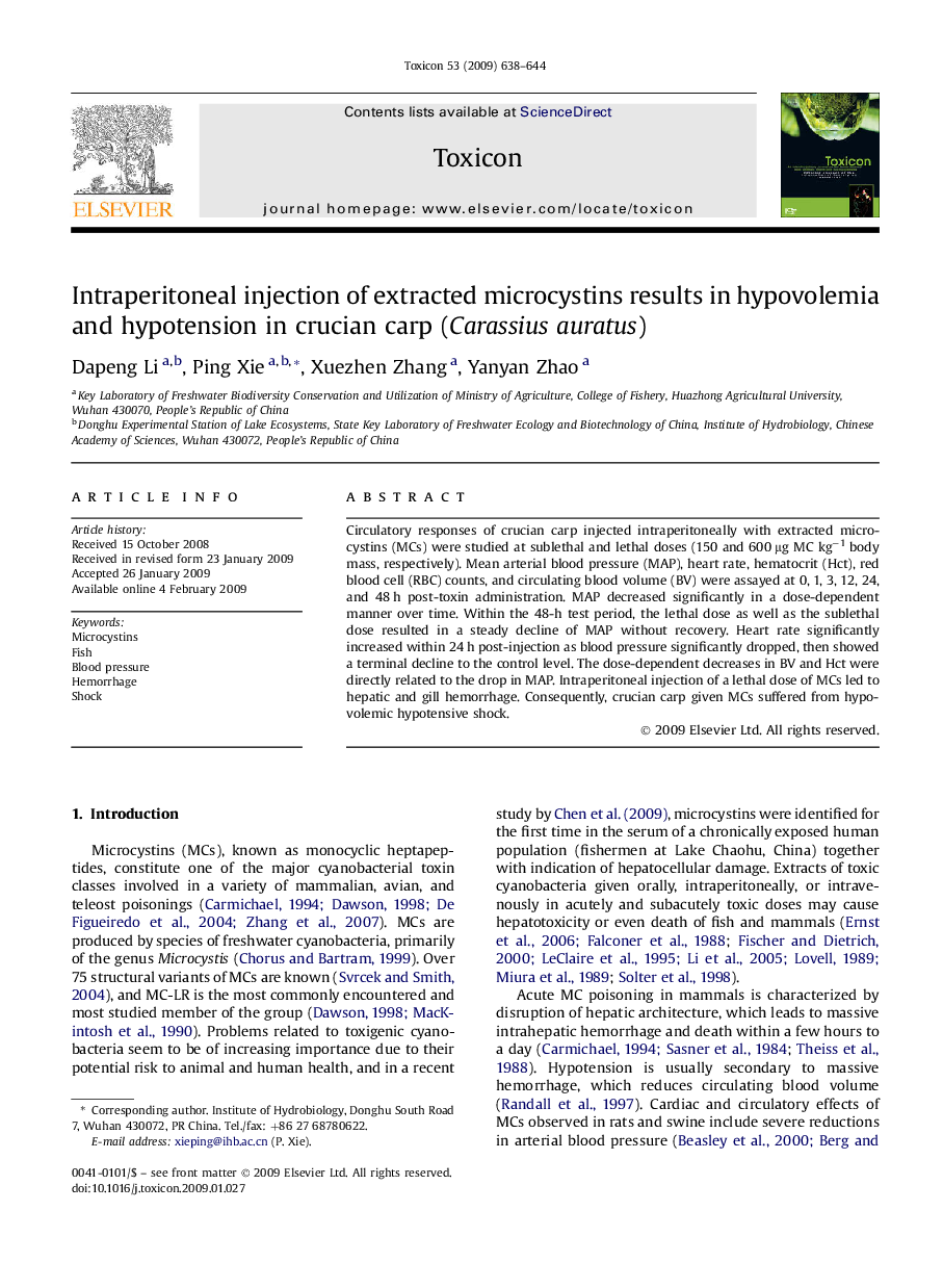 Intraperitoneal injection of extracted microcystins results in hypovolemia and hypotension in crucian carp (Carassius auratus)