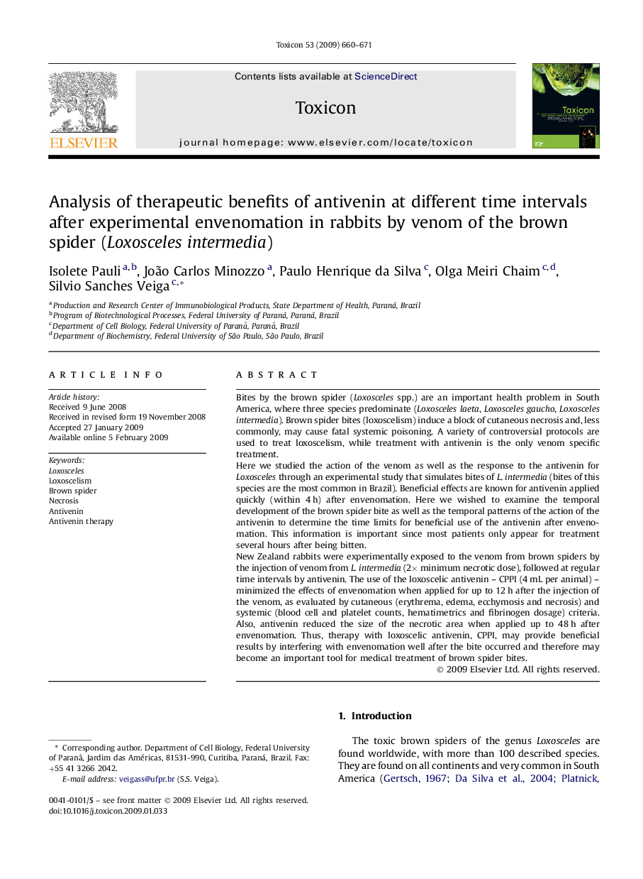 Analysis of therapeutic benefits of antivenin at different time intervals after experimental envenomation in rabbits by venom of the brown spider (Loxosceles intermedia)