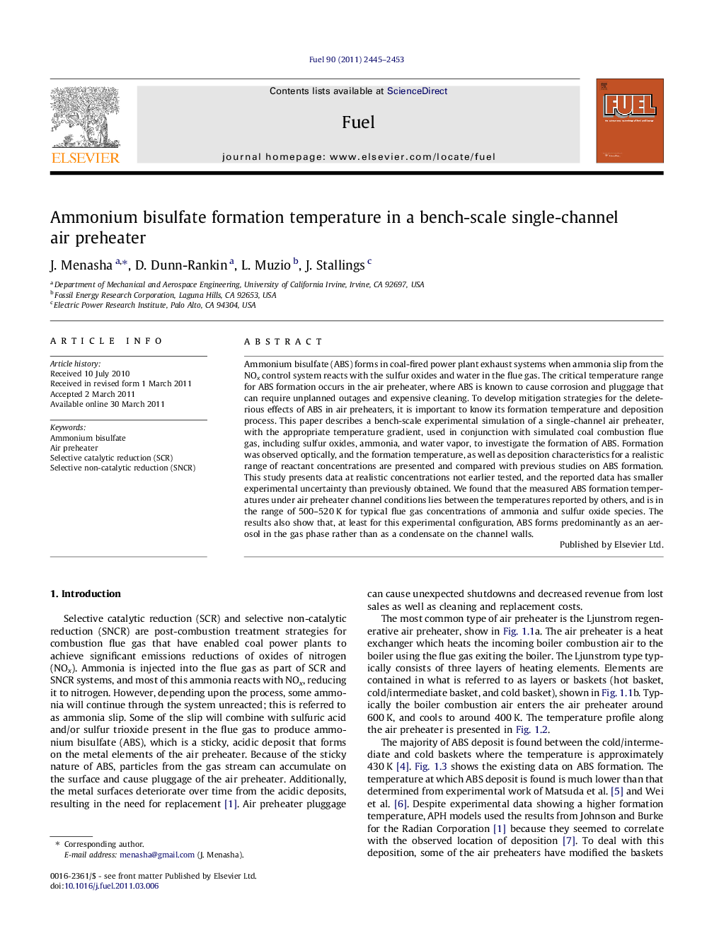 Ammonium bisulfate formation temperature in a bench-scale single-channel air preheater