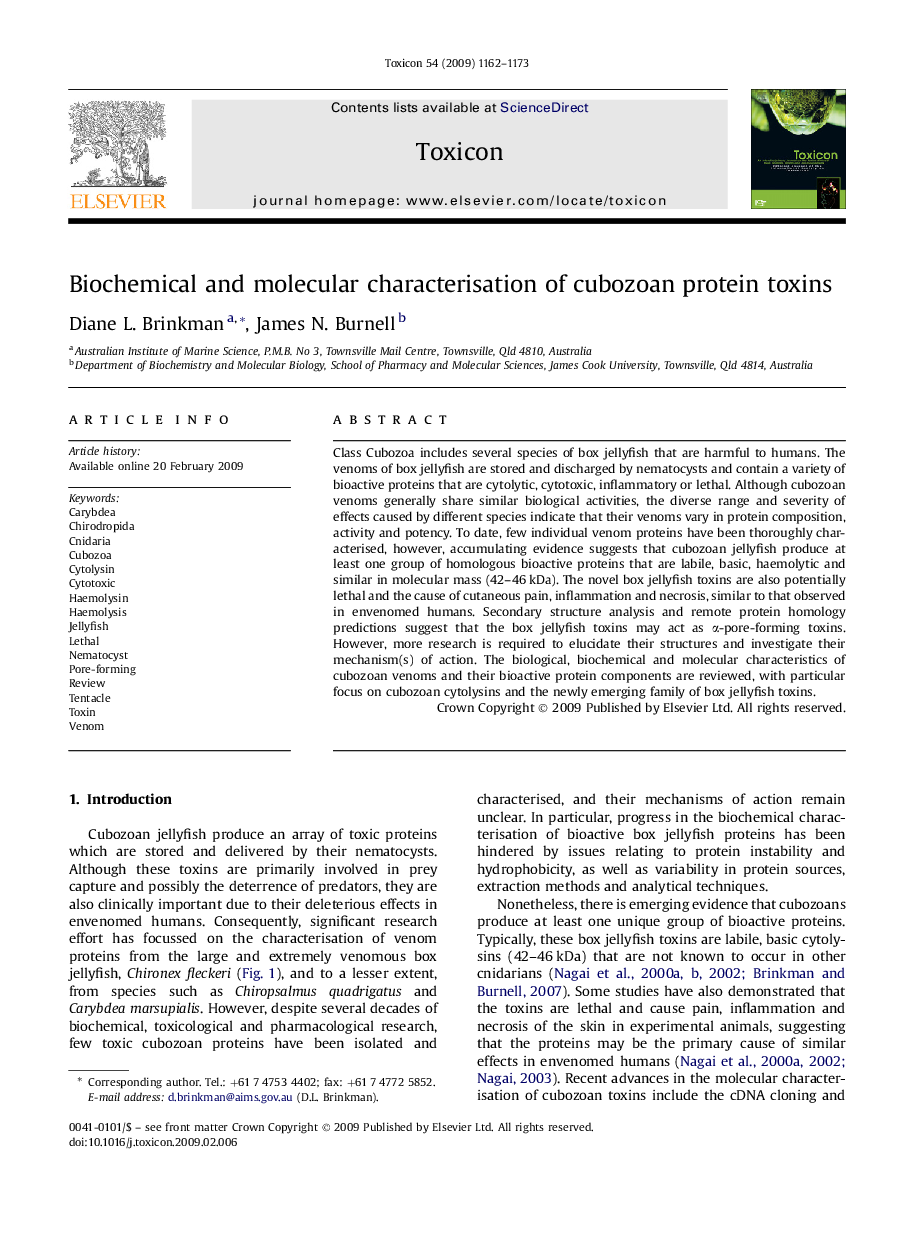 Biochemical and molecular characterisation of cubozoan protein toxins