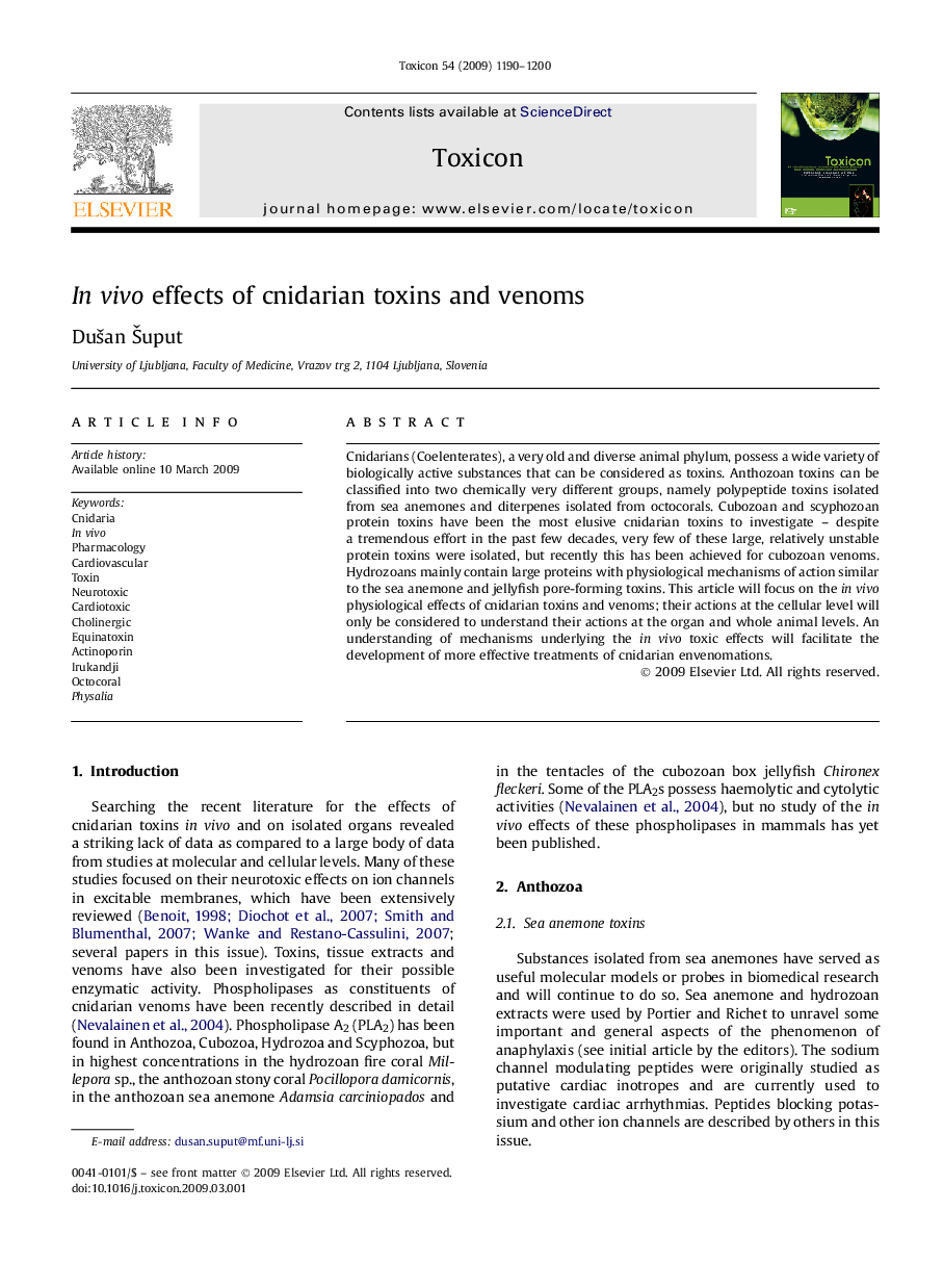 عکس صفحه اول مقاله: In vivo effects of cnidarian toxins and venoms In vivo effects of cnidarian toxins and venoms