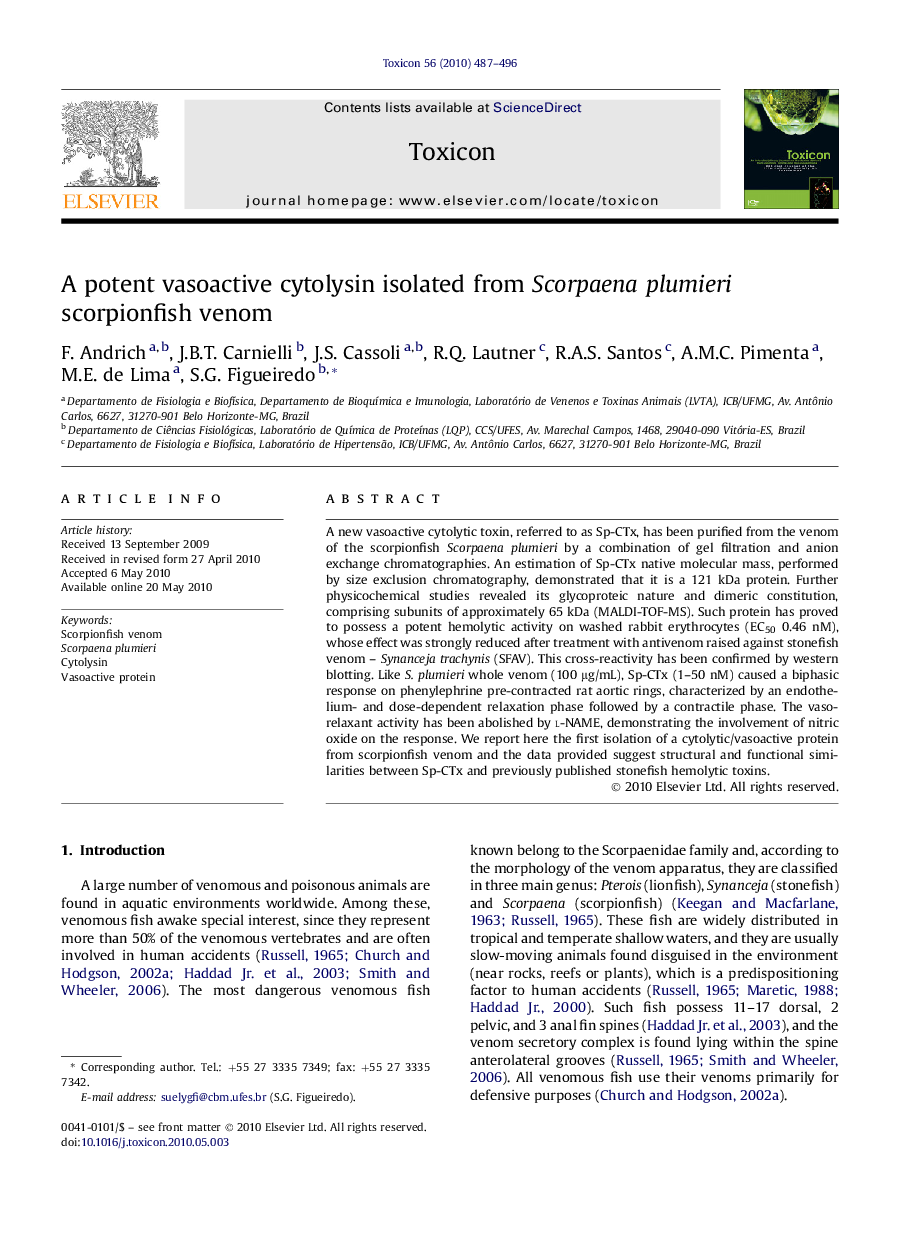 A potent vasoactive cytolysin isolated from Scorpaena plumieri scorpionfish venom