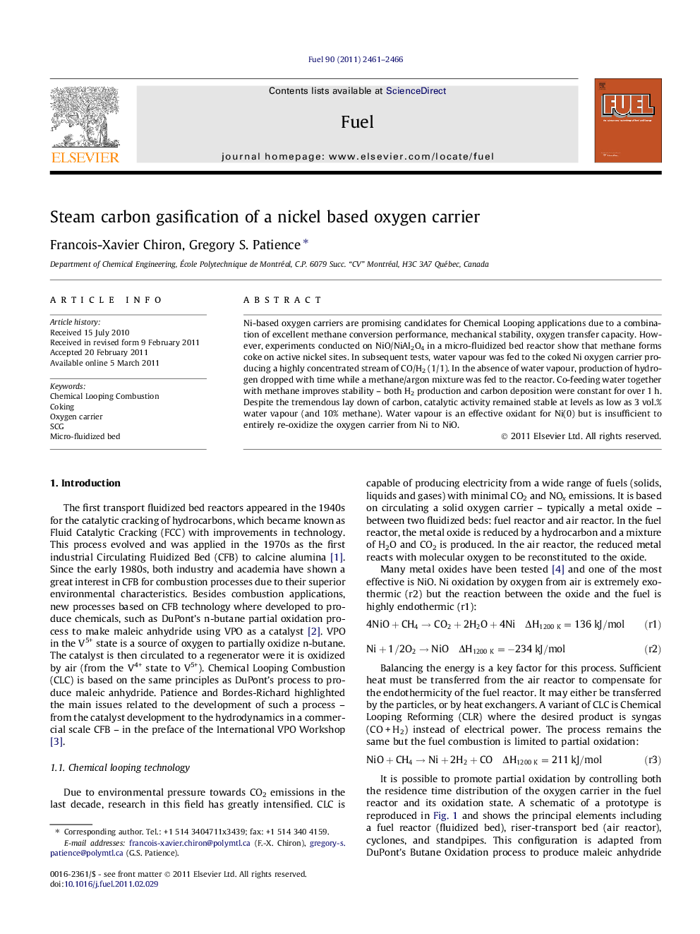 Steam carbon gasification of a nickel based oxygen carrier