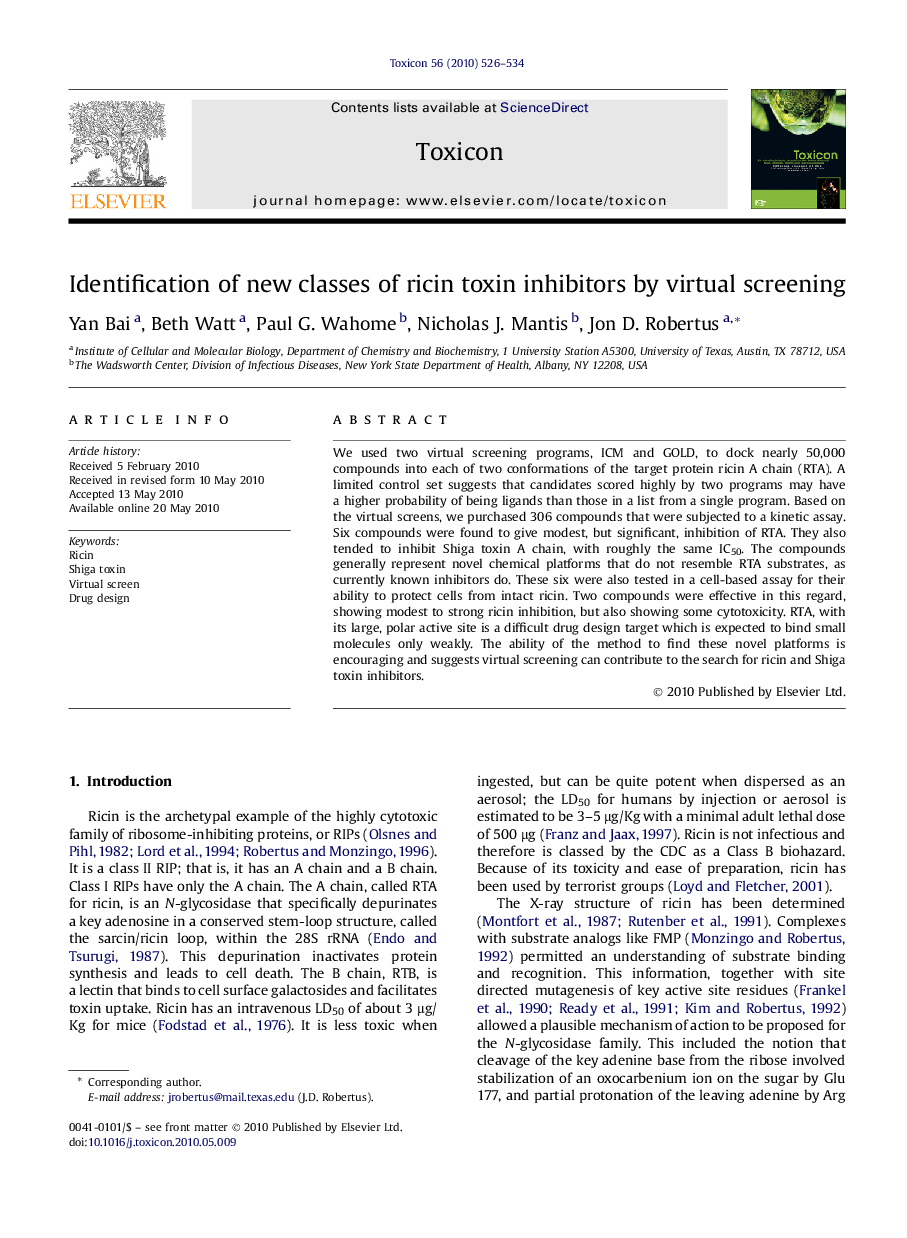 Identification of new classes of ricin toxin inhibitors by virtual screening