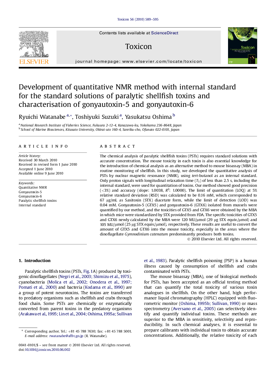 Development of quantitative NMR method with internal standard for the standard solutions of paralytic shellfish toxins and characterisation of gonyautoxin-5 and gonyautoxin-6