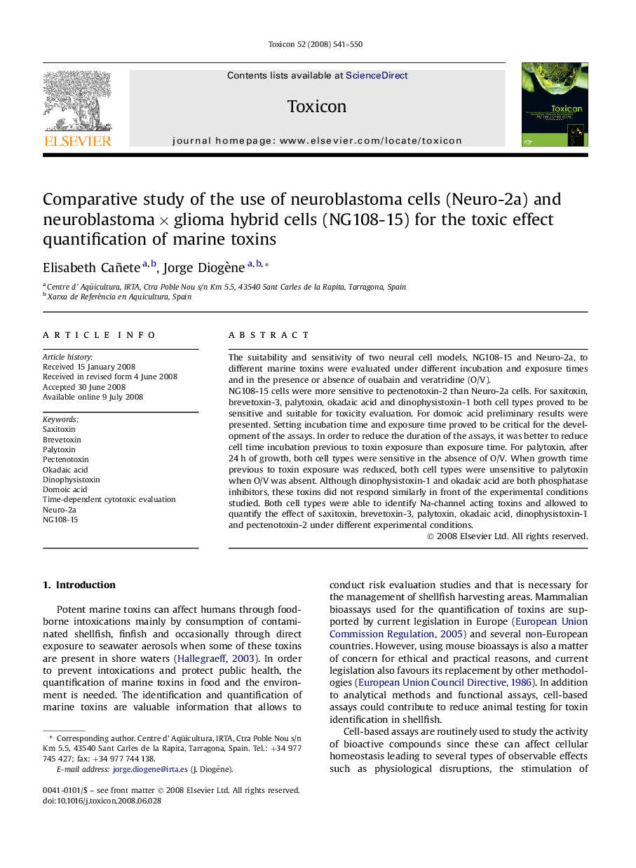 Comparative study of the use of neuroblastoma cells (Neuro-2a) and neuroblastoma × glioma hybrid cells (NG108-15) for the toxic effect quantification of marine toxins