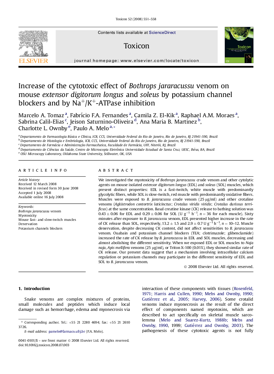 Increase of the cytotoxic effect of Bothrops jararacussu venom on mouse extensor digitorum longus and soleus by potassium channel blockers and by Na+/K+-ATPase inhibition