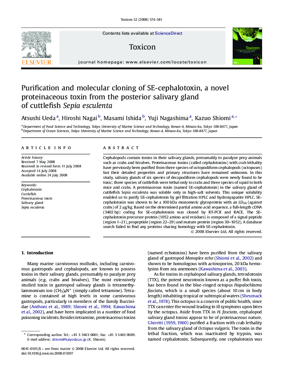 Purification and molecular cloning of SE-cephalotoxin, a novel proteinaceous toxin from the posterior salivary gland of cuttlefish Sepia esculenta