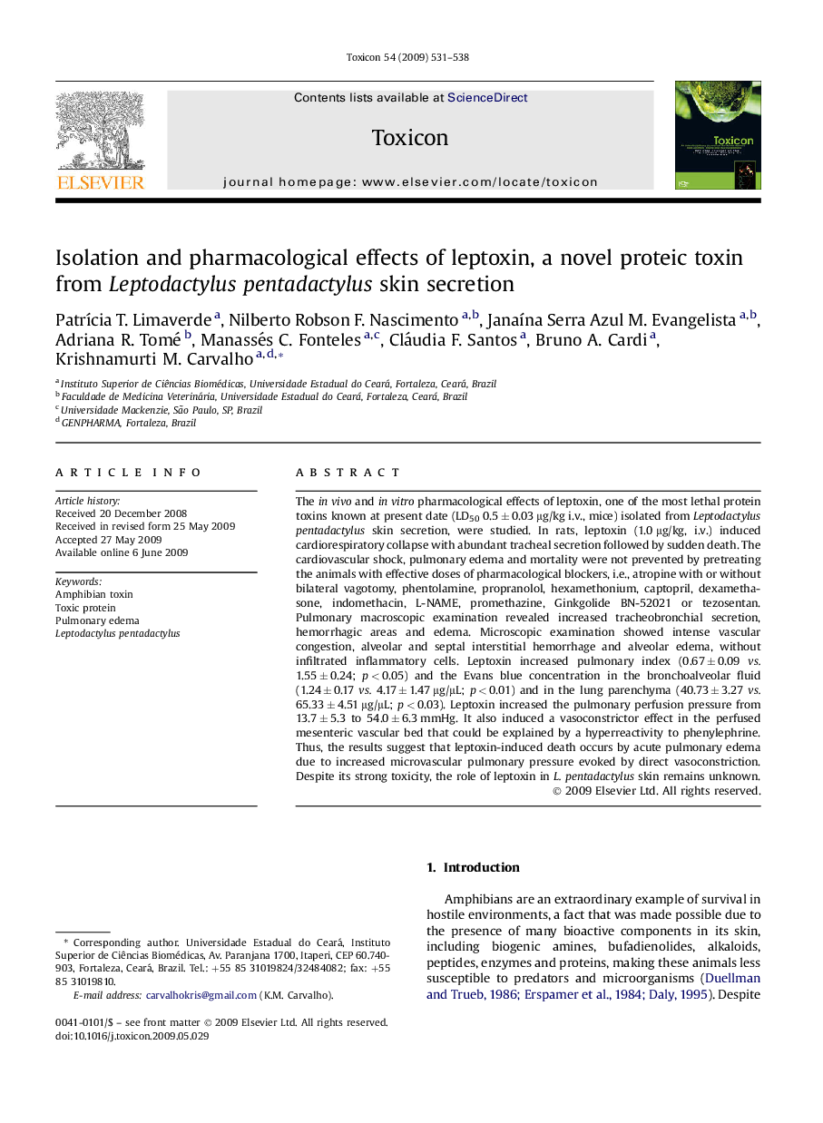 Isolation and pharmacological effects of leptoxin, a novel proteic toxin from Leptodactylus pentadactylus skin secretion