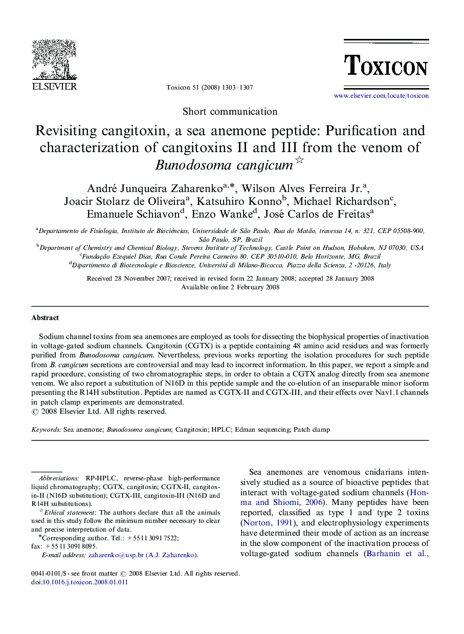 Revisiting cangitoxin, a sea anemone peptide: Purification and characterization of cangitoxins II and III from the venom of Bunodosoma cangicum 