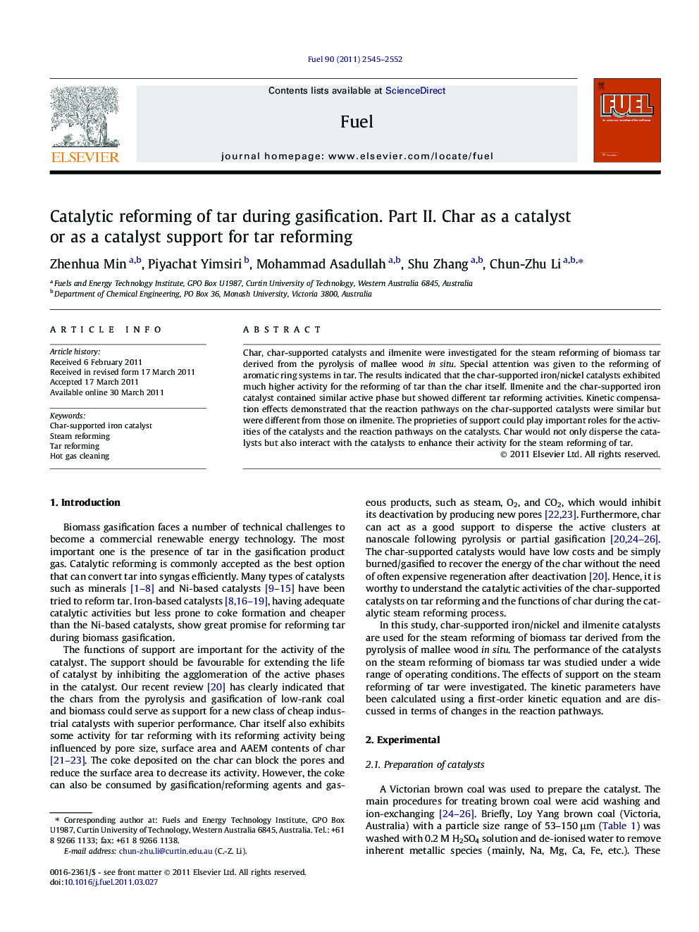 عکس صفحه اول مقاله: Catalytic reforming of tar during gasification. Part II. Char as a catalyst or as a catalyst support for tar reforming Catalytic reforming of tar during gasification. Part II. Char as a catalyst or as a catalyst support for tar reforming